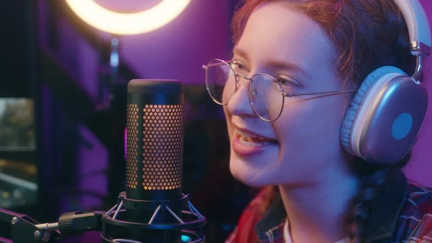 Smiling female influencer with glasses and gaming headset